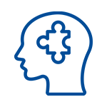 A blue outline of a head with a puzzle piece in the middle.